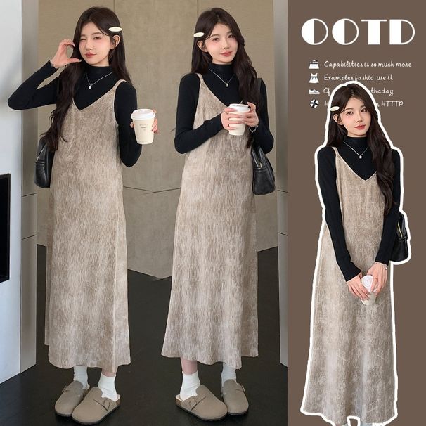 Autumn New Korean Fashion Gradient Strap Two-Piece Maternity Dress_ecoleips.com