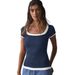2026 Cross-Border Bestseller Ribbed Square Neck Contrast Color Short Sleeve T-Shirt For Women, Spring/Summer Commuting_ecoleips.com