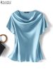 ZANZEA Summer Fashion Satin Blouse Women Short Sleeve Solid Shirt Female Casual OL Work Tunic Tops Elegant Loose Blsuas Oversize_ecoleips.com