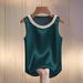 Women's Pearl Embellished Satin Camisole Top, Round Neck Elegant Blouse For Spring Summer Premium Satin-Feel Fabric_ecoleips.com