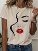 Women's T-Shirt Abstract Face Line Art Graphic Print Tops Casual O-Neck Short Sleeve Tee Summer Outdoor Fashion Female Clothing_ecoleips.com