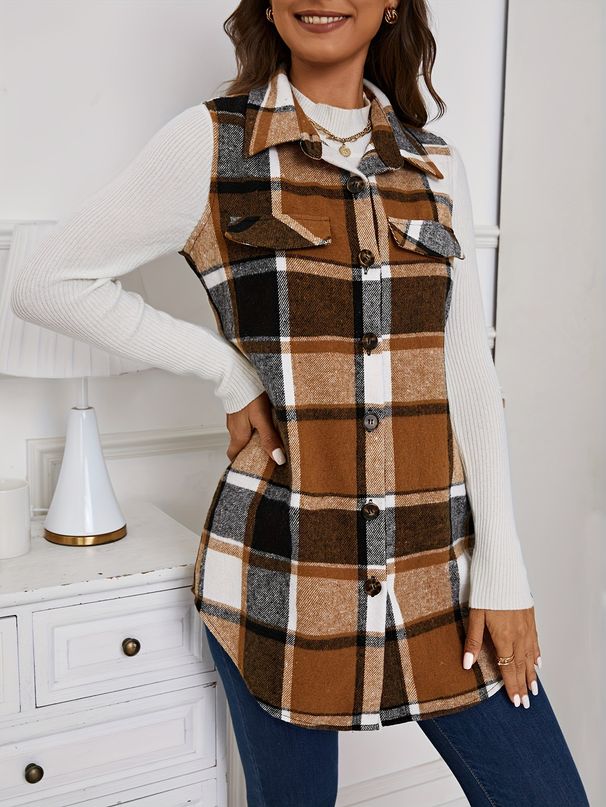 Women's Checkered Vest Coat - Oversized Plaid Open Front Blazer For Fall & Winter (Black/White, Red, Pink, Green)_ecoleips.com