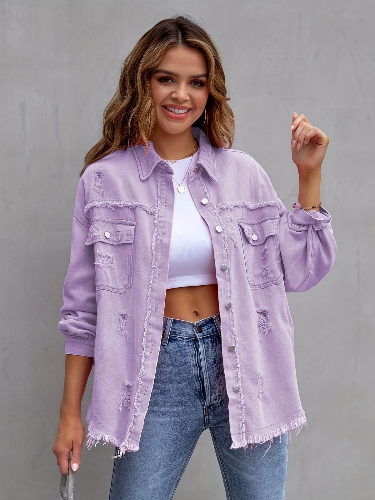K New Solid Color Mid Length Long Sleeved Denim Jacket With Holes, European And American Style Jacket For Women_ecoleips.com