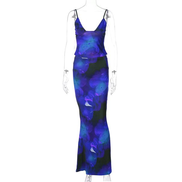 Women's Clothing Summer New Fashion Print Sexy V Neck Small Vest Slim Skirt Suit_ecoleips.com