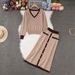 Women's Fashion Color Block V Neck Knit Top With Single Breasted Slim Fit Skirt Spring Autumn Loose Pant Set_ecoleips.com