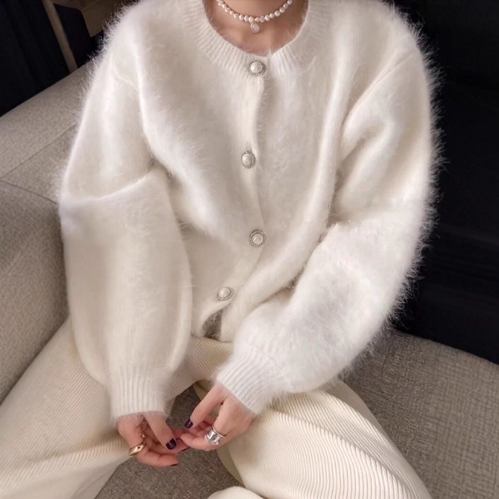 Women's Faux Mink Knit Cardigan – Oversized Soft Winter Coatigan, Lightweight Polyester Blend, Minimalist Round Neck Open Front, Pastel Color Palette_ecoleips.com