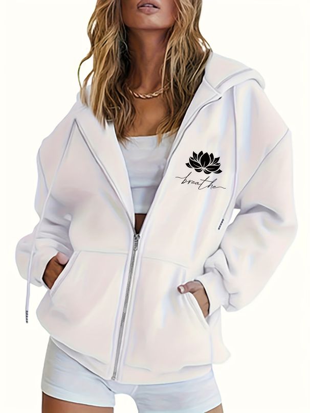 Women's Comfortable Hooded Jacket Long Sleeved Zip Up Stylish Simple Loose Fitting Print Outerwear_ecoleips.com