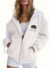 Women's Comfortable Hooded Jacket Long Sleeved Zip Up Stylish Simple Loose Fitting Print Outerwear_ecoleips.com