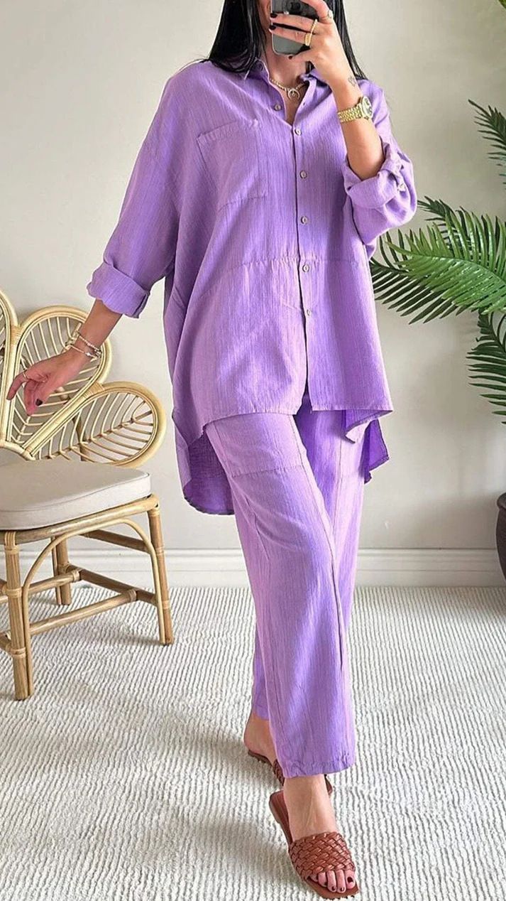 Women's Clothing Summer 2-piece Plus Size Cotton And Linen Shirt Suit High Waist Loose Trousers_ecoleips.com