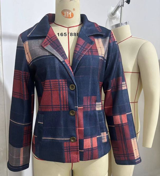 Classic Checkered Blazer With Stand Collar & Button Detail – Retro Autumn Winter Coat For Women (S-3xl, Multiple Colors Available)_ecoleips.com