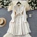 Retro-Style V-Neck Dress – Elegant A-Line Midi Dress With Waist-Defining Metal Buttons & Sheer Mesh Panels – Vintage-Inspired Office-To-Cocktail Dress_ecoleips.com