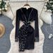Beaded Evening Gown – V-Neck Long Sleeve Bodycon Dress With Fitted Waist & Asymmetrical Hem (Red/Black, M-2XL)_ecoleips.com