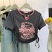 Fashion Plus Size Vintage Cropped Lettered V Neck Short Sleeved Top With Side Drawstring Ruffled American Style Suit_ecoleips.com