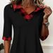 Contrast Panel Casual V-Neck Tunic Top For Women - Modern Spliced Tee With 3/4 Sleeves For Street Style_ecoleips.com