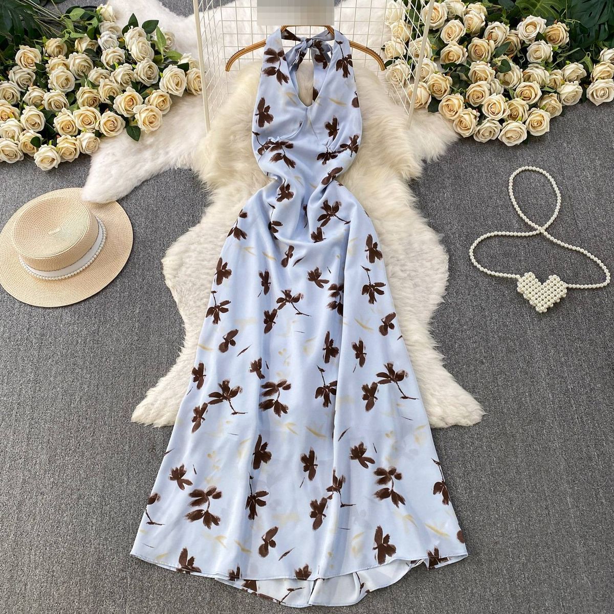 Women's Clothing Elegant V Neck Halter Dress Polka Dot A-Line High Waist Long Summer Commuter Dress_ecoleips.com
