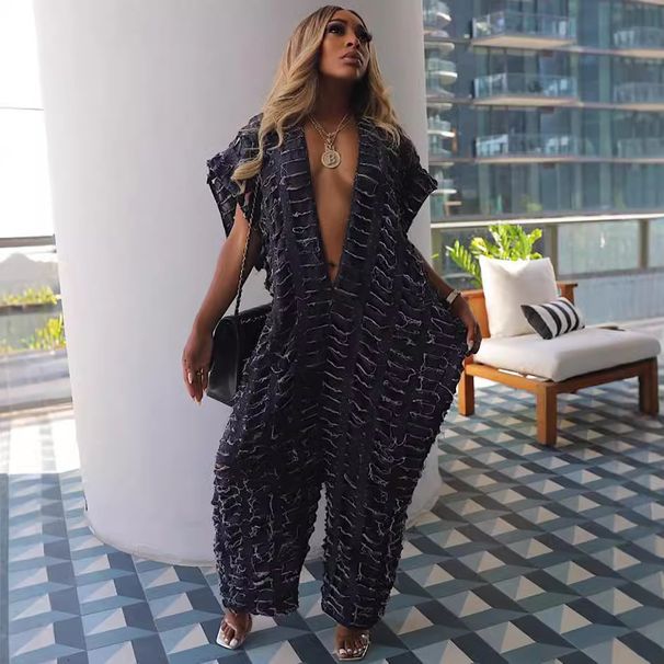 Women's Clothing Loose Denim Sexy Deep V Hole Wide Leg Jumpsuit_ecoleips.com