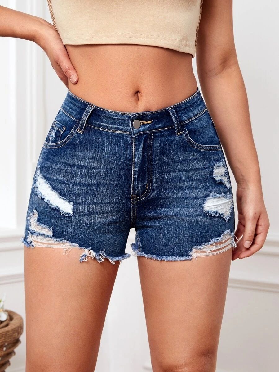 2025s Women's High-Waisted Slim Fit Frayed Hem Denim Shorts Stretch Ripped Jeans_ecoleips.com