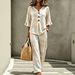 Women's Casual Cotton Linen Set V Neck Button up Top with Wide Leg Pants Two-Piece Fashionable European American Style_ecoleips.com