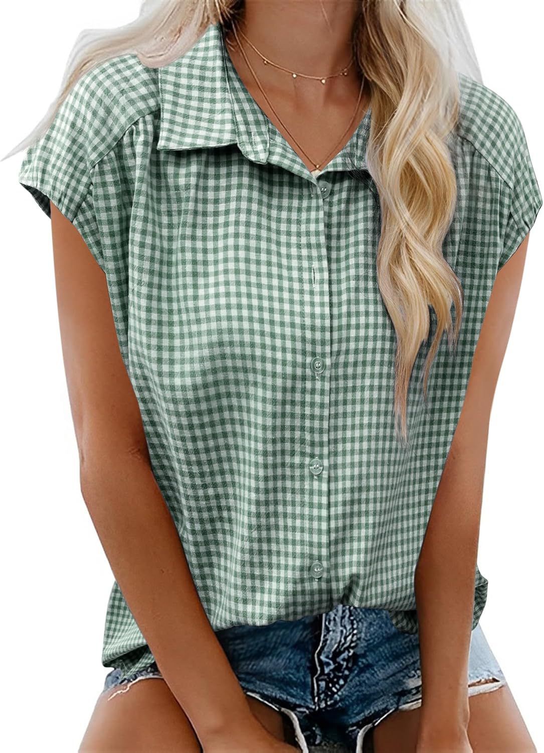 Women's Clothing Summer New Button Down Short Sleeved Shirt Lapel Casual Plaid Top_ecoleips.com
