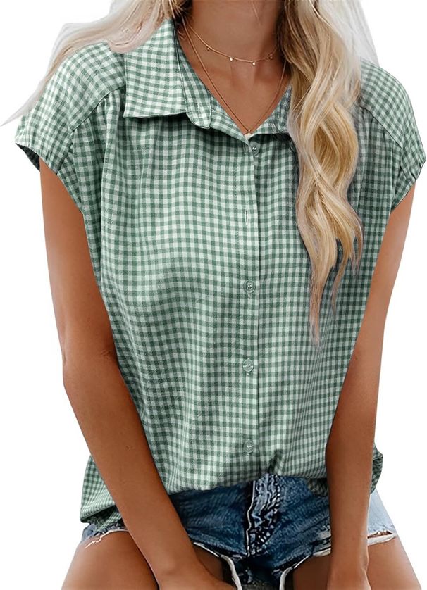 Women's Clothing Summer New Button Down Short Sleeved Shirt Lapel Casual Plaid Top_ecoleips.com
