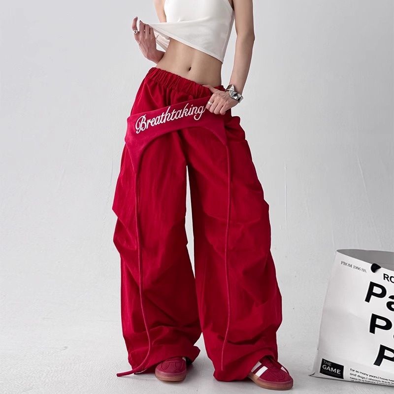 Spicy Girl Layered Tie Red Paratrooper Women Summer New Street Dance Loose Hip-Hop Wide-Leg Casual Long Pants_ecoleips.com