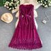 Elegant French Style Midi Dress For Women With Lace Detailing Round Neck Fitted Waist_ecoleips.com