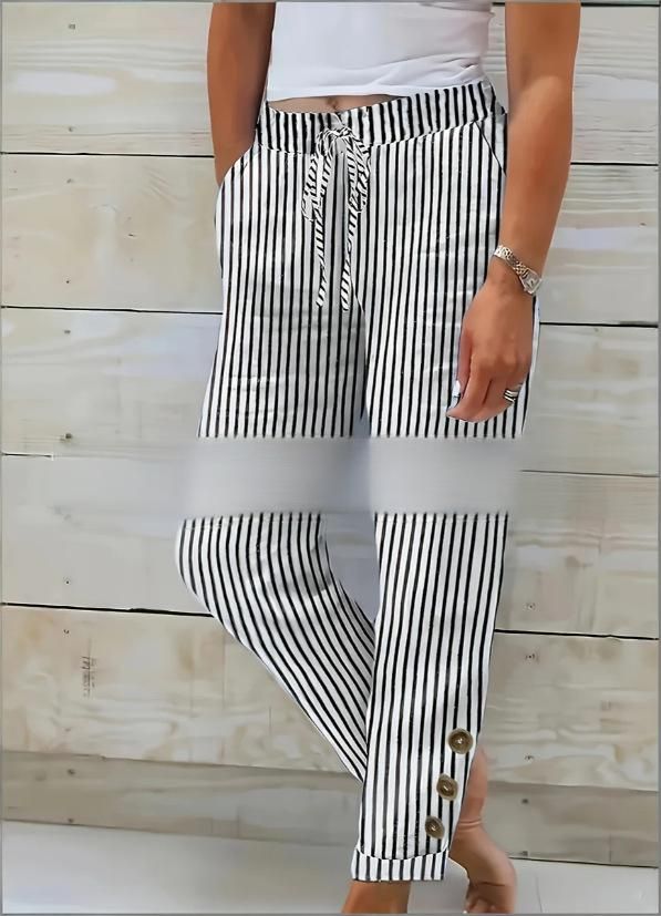 Women's Clothing Fashion Striped Cotton Linen Pants For Women With Elastic Waist Decorative Buckle Hem For Formal & Casual_ecoleips.com