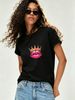 Women Summer Crew Neck Short Sleeve T-Shirt, Glossy Pink Lips Golden Gem Crown Graphic Print Casual White Loose Trendy Streetwear Tee Top_ecoleips.com