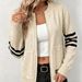 Women Soft Skin-Friendly Breathable Knit Zip Cardigan Striped Sleeve Stand Collar Long Sleeve Oversized Loose Pocket Knit Jacket_ecoleips.com