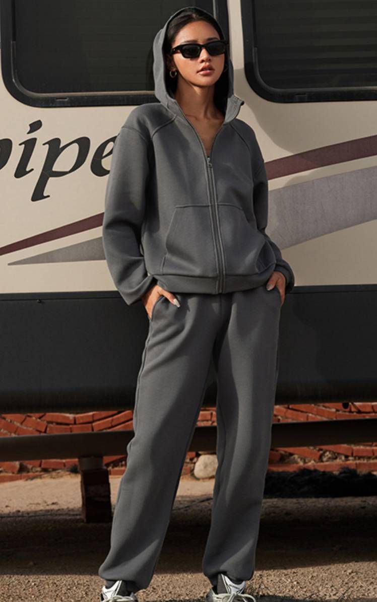 Women's Clothing Hooded Long Sleeve Jogger Set Casual Two-Piece Outfit Elastic Cuffs Streetwear Style, Soft Polyester-Spandex Blend (Dark Grey, Beige)_ecoleips.com