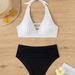 Women Two Tone 2 Piece Bikini Set White Halter Ladder Cutout Top Black Ruched High Waist Bathing Suit Color Block Beach Swimwear_ecoleips.com