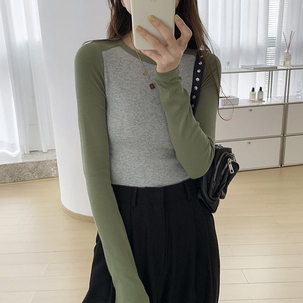 2025 High Quality Fine Thread Cotton 2025 Autumn New Product Base Shirt, Women's Long Sleeved T-Shirt, And Color Blocking_ecoleips.com