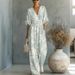 Elegant V Neck Printed Jumpsuit Waist Cinching Women's Clothing Spring Summer New_ecoleips.com