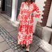 Women's Clothing New Stand Up Collar Trumpet Sleeve Printed Casual Dress_ecoleips.com