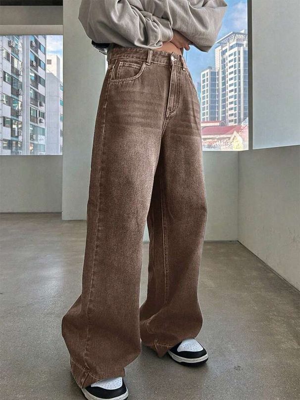 High Waist Straight Leg Jeans For Women – Vintage Washed Brown Denim Pants (Relaxed Fit, 90% Cotton, No Stretch, S-XL, Coffee Gradient)_ecoleips.com