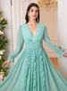 Women's Elegant Chiffon Maxi Dress With Lantern Sleeves – V-Neck A-Line High Waist Wedding Guest Dress For Party, Evening, Office (Green)_ecoleips.com