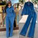 Relaxed Denim Top & Wide-Leg Pants Set | V-Neck Long Sleeve & Drawstring Waist | Comfortable Stretchy Fabric_ecoleips.com