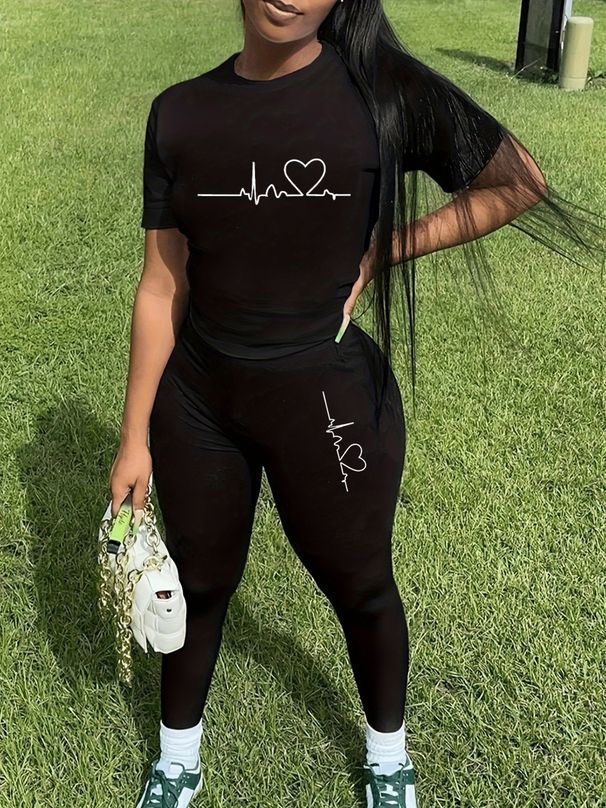 Women's Casual Loose And Fashionable Electrocardiogram And Heart-shaped Pattern Print Loose T-shirt+shorts Two-piece Set Home Sportswear Daily Wear-455_ecoleips.com