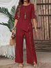 K Women's Irregular Hem Pantsuit Elegantly Fashionable Casual Buttoned Semi-Sleeve Shirt Loose Two-Piece Set. No Necklaces Or Other Accessories_ecoleips.com