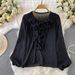 Elegant French Style Women's Chiffon Blouse Ruffled V-Neck Lantern Sleeve Regular Fit Summer Base Layer Top_ecoleips.com