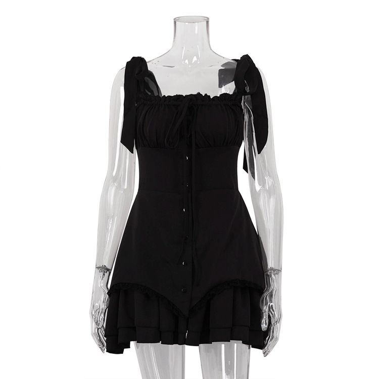 Women's Clothing Summer New Style Solid Color Sexy Hot Girl Ruffled Short Skirt Tight Suspender Splicing Dress_ecoleips.com
