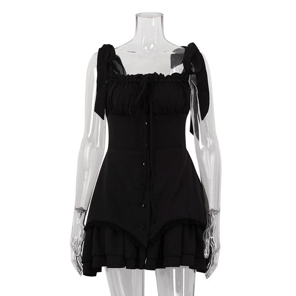 Women's Clothing Summer New Style Solid Color Sexy Hot Girl Ruffled Short Skirt Tight Suspender Splicing Dress_ecoleips.com