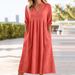 Summer New Style Women's Casual Dress Solid Color Cotton Linen Short Sleeve V Neck Pocket Detail_ecoleips.com
