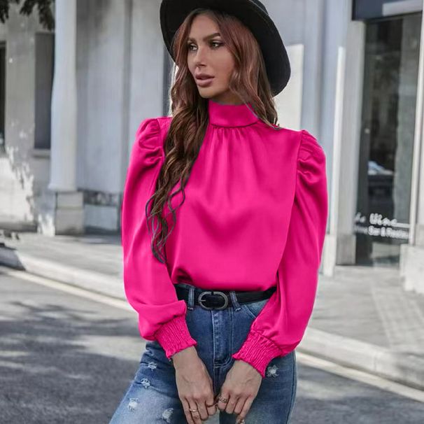 Commuter Smooth Satin Solid Color Plaid Round Neck Loose-Fitting Long-Sleeved Women's Shirt_ecoleips.com