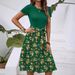 Cross-border European And American Fashion Trendy Round-neck Short-sleeve Color-blocked Waist-cinching Floral Print Midi_ecoleips.com