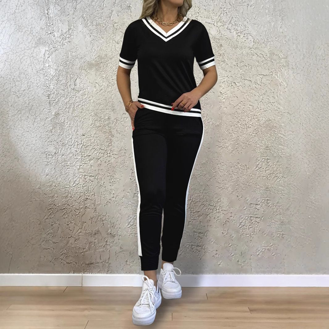 Women's Clothing Suits, All Match Contrast Color Stitching, V Neck Short Sleeved Top, T Shirt With Elastic Waist Pocket Trousers, Two Piece Suit_ecoleips.com