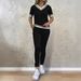 Women's Clothing Suits, All Match Contrast Color Stitching, V Neck Short Sleeved Top, T Shirt With Elastic Waist Pocket Trousers, Two Piece Suit_ecoleips.com