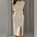 Women's Clothing Fashion Royal Sister Style Solid Color Round Neck Waist Slit Metal Button Summer Dress For Women_ecoleips.com