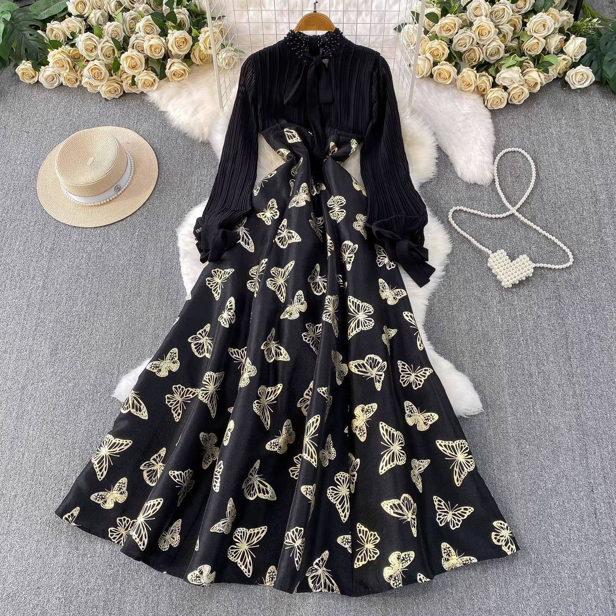Women's Clothing Luxury Socialite Women's V Neck Full Skirt Dress Bow Detail Bright Gold Print Elegant Heavy Duty_ecoleips.com