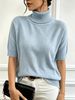 Women's New Spring And Autumn Casual Minimalist Style High-neck Short-sleeved Knit Base Layer Top, Light Blue, Soft And Loose, Versatile And Elegant Top._ecoleips.com